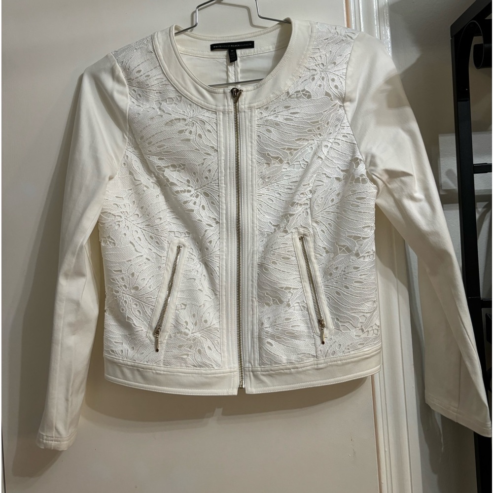 White House black market lace zip up jacket in white size 10